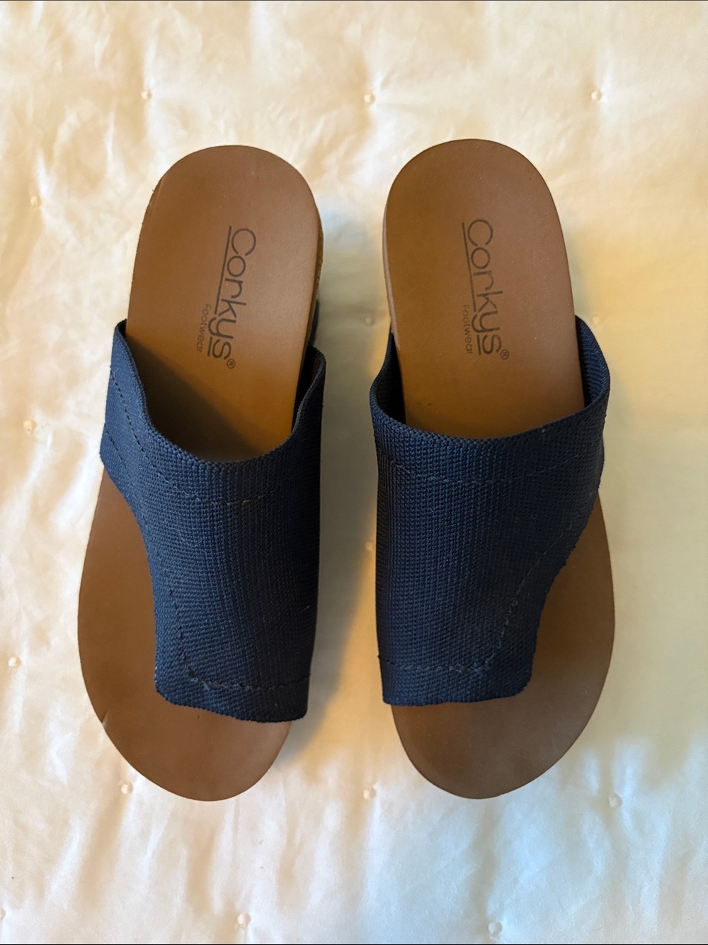 Corkys Navy Fabric Wedge Slide Sandals - Picture 7 of 7